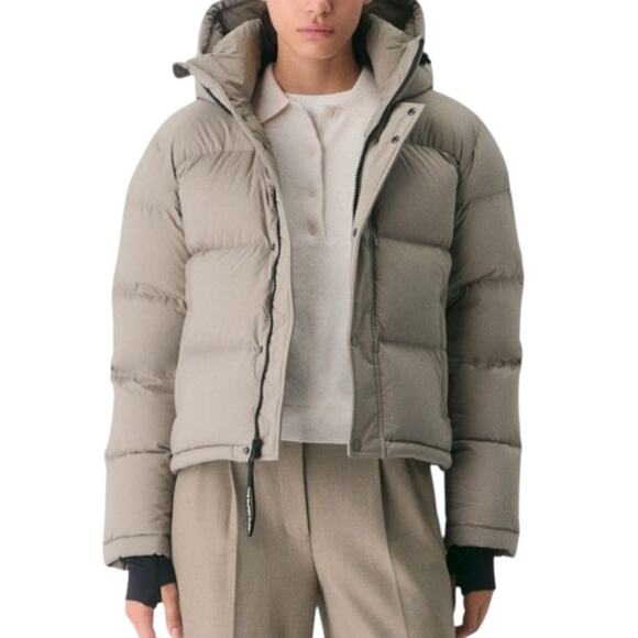 Aritzia Super Puff Shorty Modern Taupe Cropped Premium Down Puffer Jacket M - Picture 1 of 16